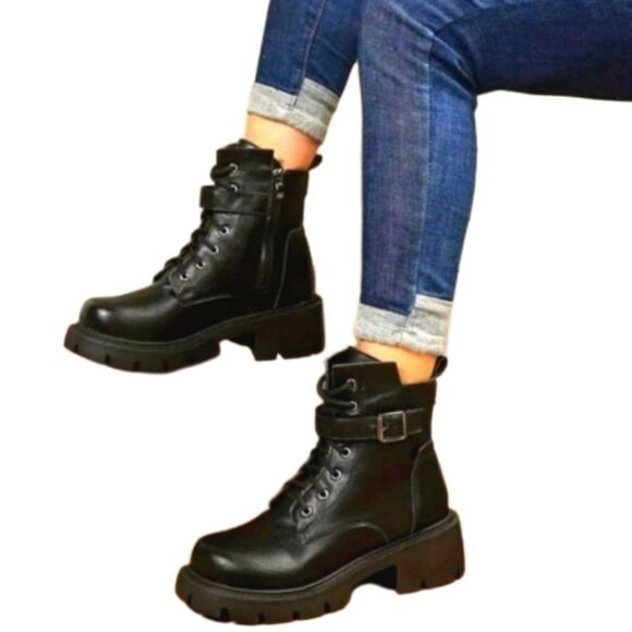 Ladies chunky ankle combat boots - Picture 2 of 8